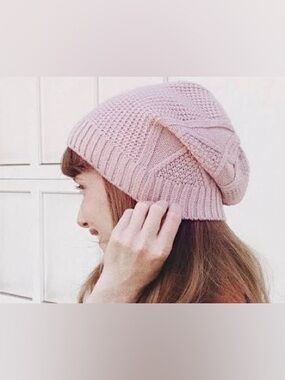 NEW Blush Pink Knit Beanie Hat | Slouchy Cable Winter | Soft Ribbed Cuff